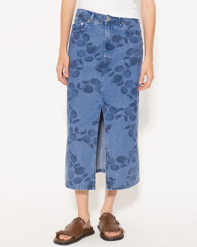 Pollera citrus: pantalón midi de denim estampado para mujer de Jazmin Chebar en Pantalones para argentina