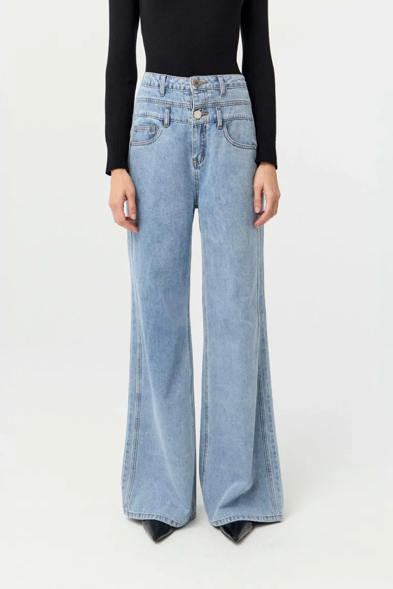 Jean de tiro alto con pierna ancha y diseño de doble cintura superpuesta de Markova en Pantalones para argentina