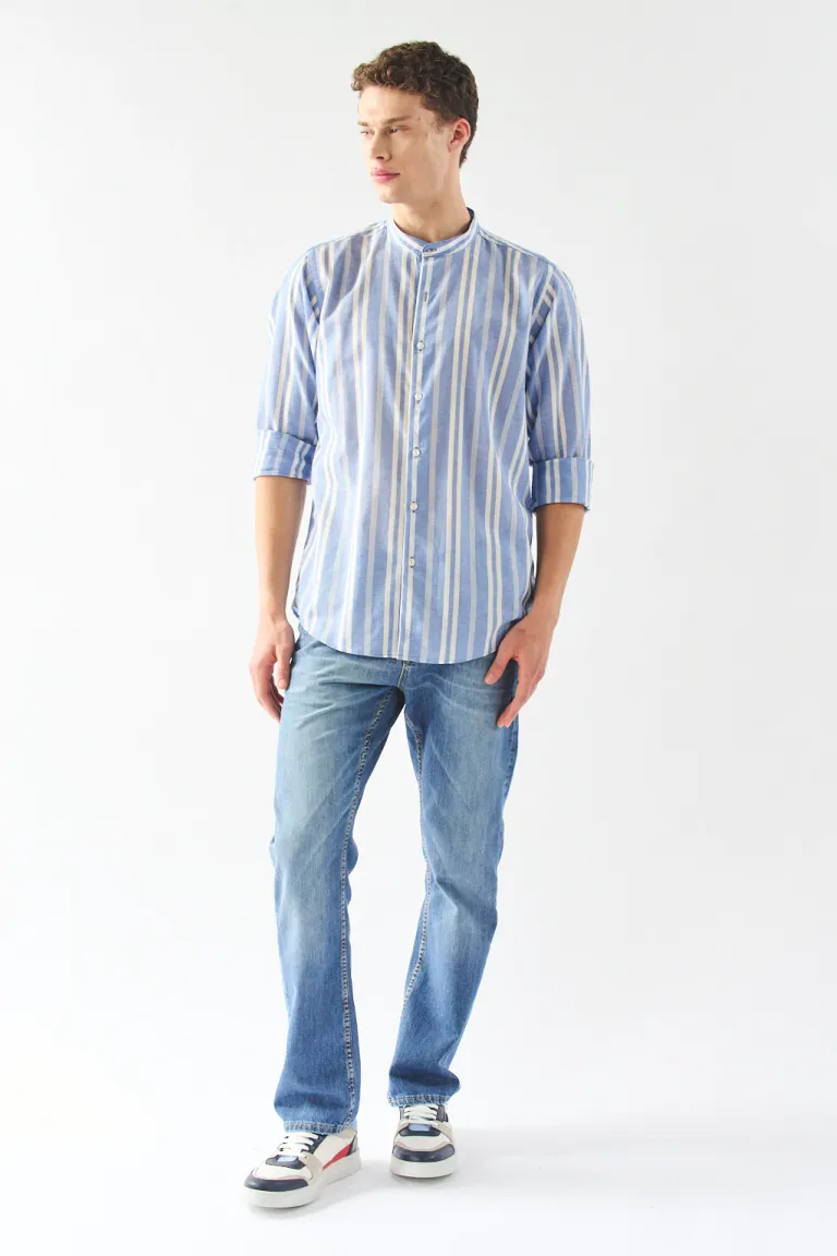 Camisa de manga larga con detalles rayados y cuello mao para hombres de Bensimon en Camisas para argentina