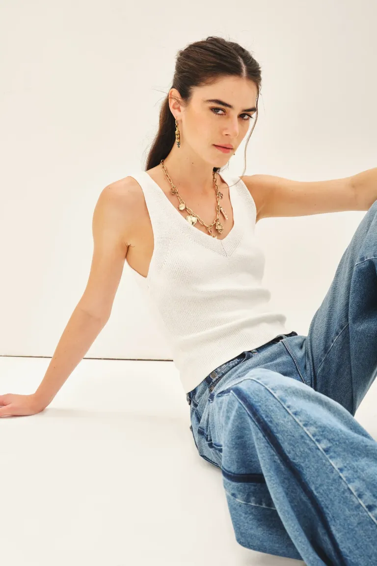 Musculosa de algodón blanca de corte ajustado y escote pronunciado de Rapsodia en Tops para argentina