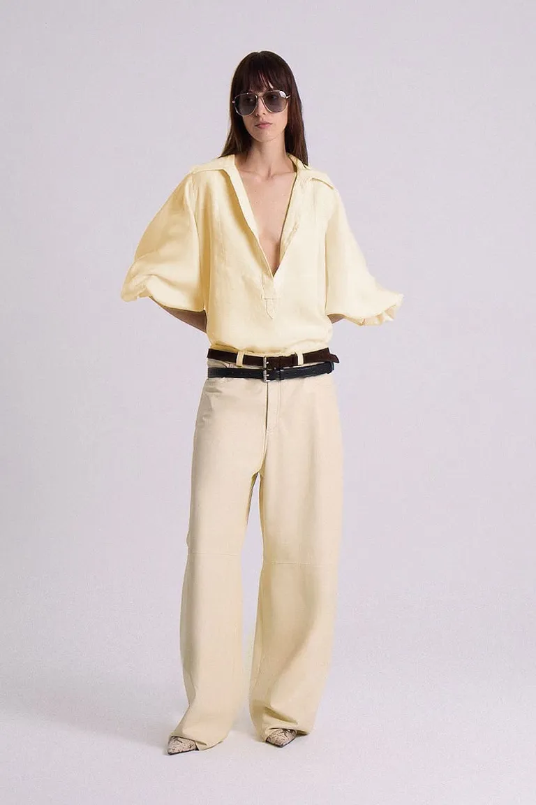 Camisa de lino con mangas voluptuosas y escote en v para mujer de Maria Cher en Camisas para argentina