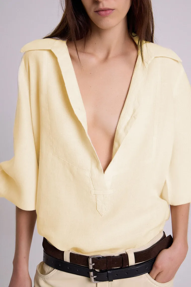 Camisa de lino con mangas voluptuosas y escote en v para mujer de Maria Cher en Camisas para argentina