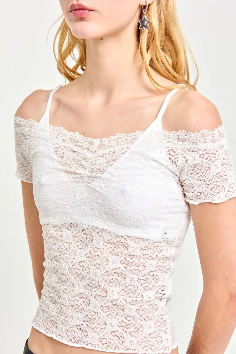 Top de encaje blanco con mangas cortas y cuello bote de 47 Street en Tops para argentina