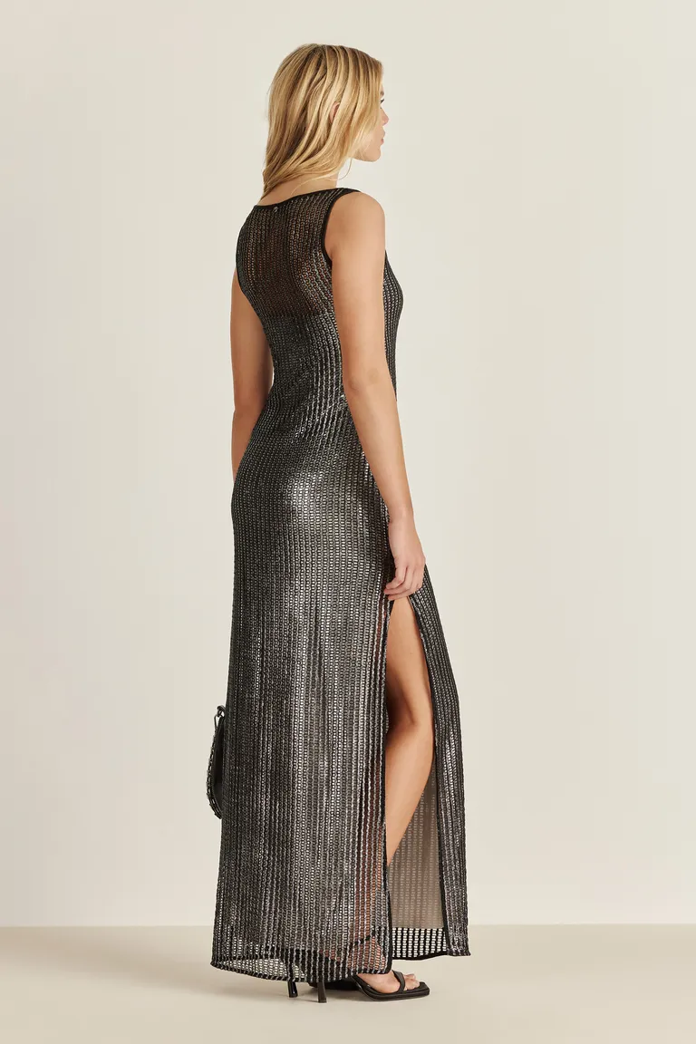 Vestido elegante de noche en una combinación única de red foil y gasa con foil de Tucci en Vestidos para argentina