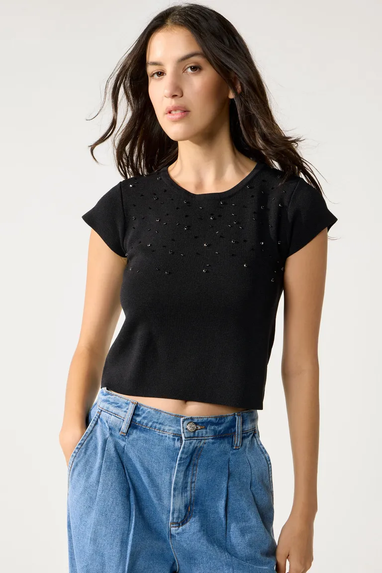 Remera de manga corta con aplicaciones de strass para mujer de Cuesta Blanca en Remeras para argentina