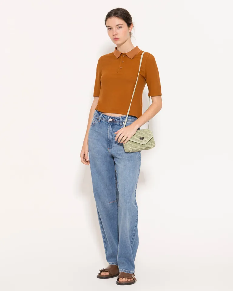 Remera polo de punto naranja con manga corta para mujer de Jazmin Chebar en Remeras para argentina