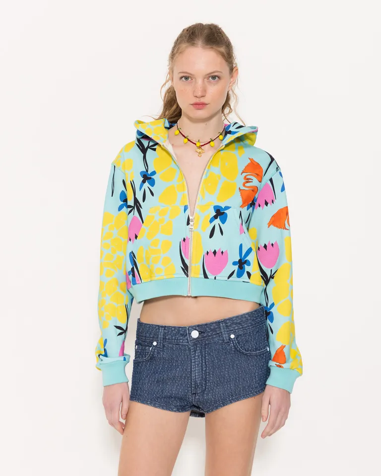 Buzo estampado multicolor con capucha y puños tejidos de Jazmin Chebar en Buzos y Sweaters para argentina
