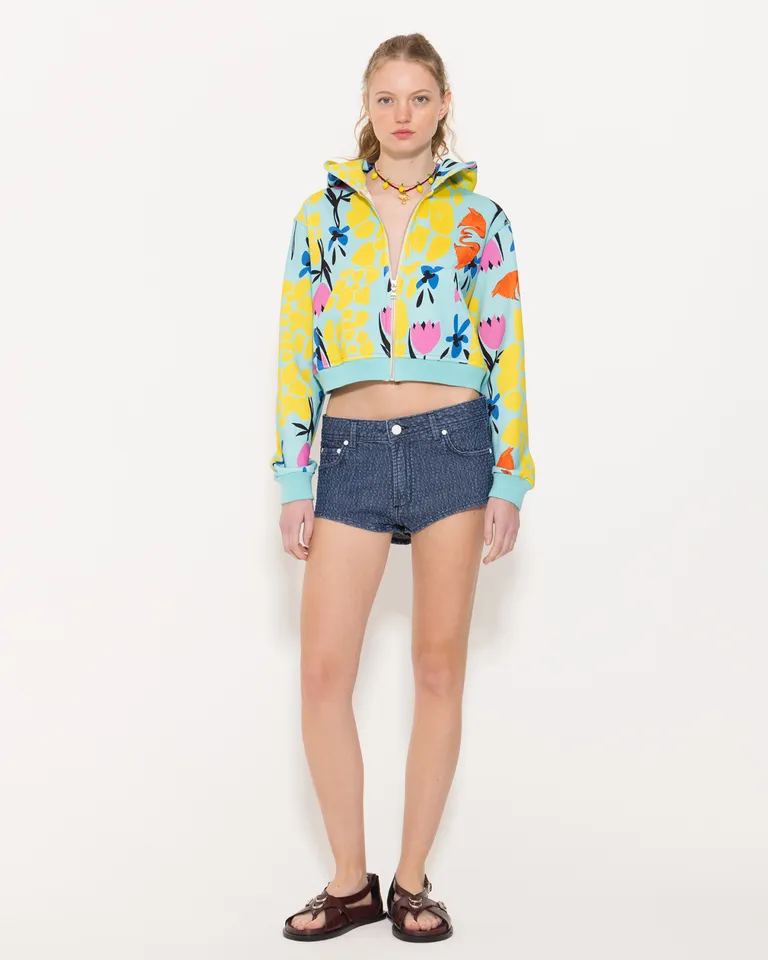 Buzo estampado multicolor con capucha y puños tejidos de Jazmin Chebar en Buzos y Sweaters para argentina
