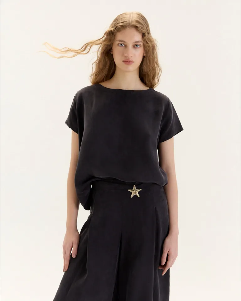 Top de corte evasé con mangas cortas y abotonadura en la espalda de Blue Sheep en Tops para argentina