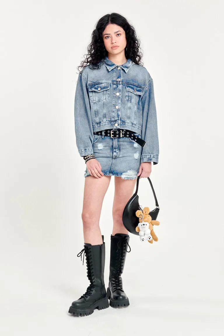 Falda de denim con detalles vintage y lavado artesanal de 47 Street en Faldas para argentina