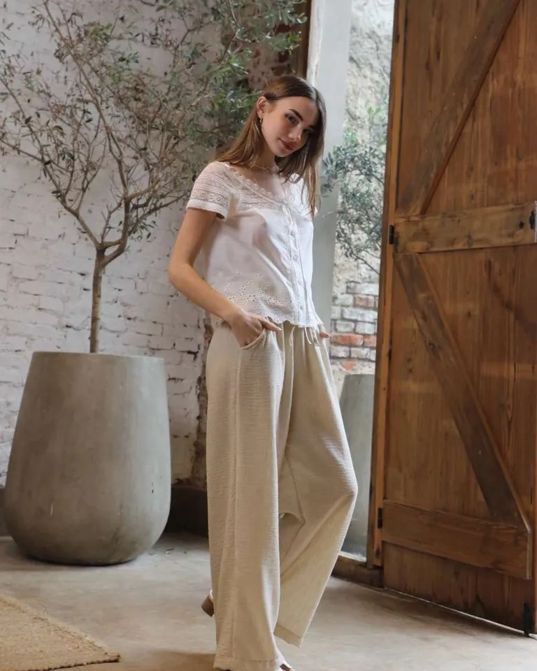 Pantalón palazzo de lino con cintura elástica y bolsillos de Hesed en Pantalones para argentina
