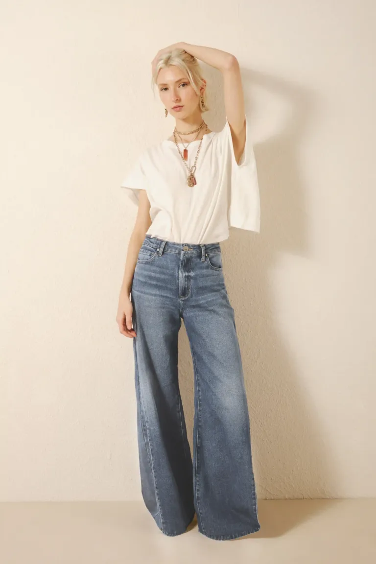 Pantalones de corte oxford de pierna ancha con lavado desgastado de Rapsodia en Pantalones para argentina