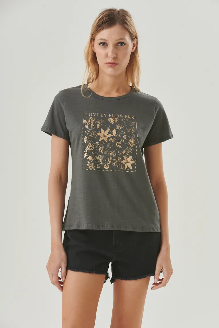 Remera de algodón con estampado floral y detalles metálicos brillantes de Sweet en Remeras para argentina