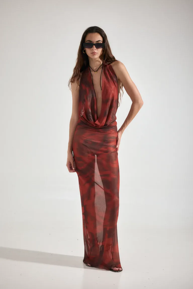 Vestido largo transparente con estampado floral y escote ajustable de Audaz en Vestidos para argentina