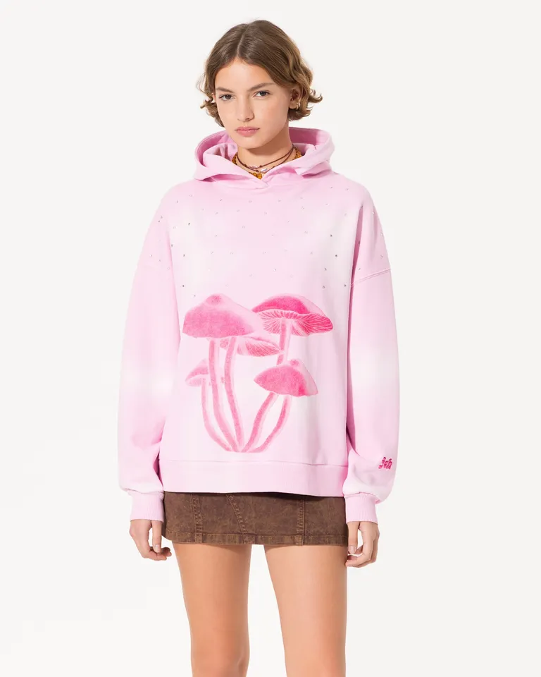 Buzo de algodón rosa con estampado de flores y aplicación de strass de Jazmin Chebar en Buzos y Sweaters para argentina