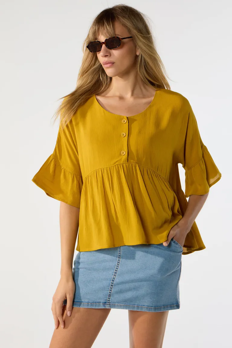 Blusa de bambula con recorte en cintura y mangas de Cuesta Blanca en Blusas para argentina