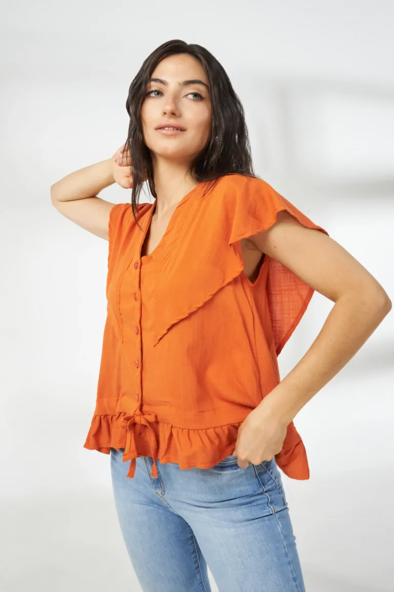 Blusa naranja de manga corta con detalles voluminosos para mujer de Apricot en Blusas para argentina