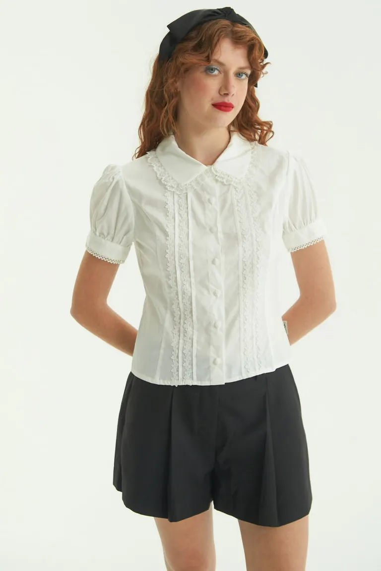Camisa corta de algodón con detalles de encaje y mangas tipo globo de Las Pepas en Camisas para argentina