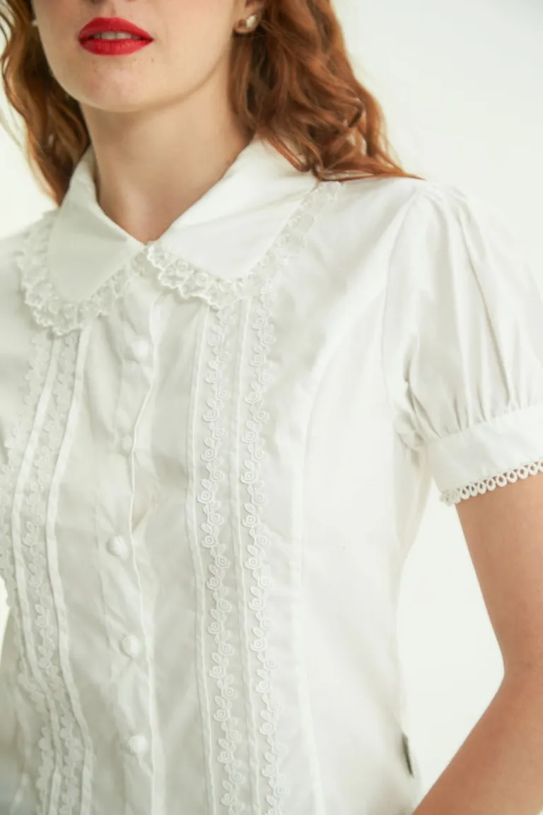 Camisa corta de algodón con detalles de encaje y mangas tipo globo de Las Pepas en Camisas para argentina