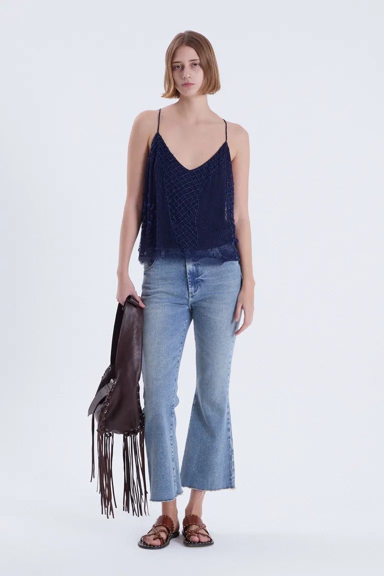 Top de gasa bordado a mano en color azul con tiras combinadas de Maria Cher en Tops para argentina