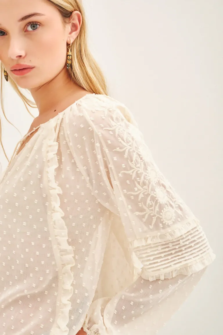 Camisa de manga larga con volados verticales en viscosa plumeti de Rapsodia en Camisas para argentina