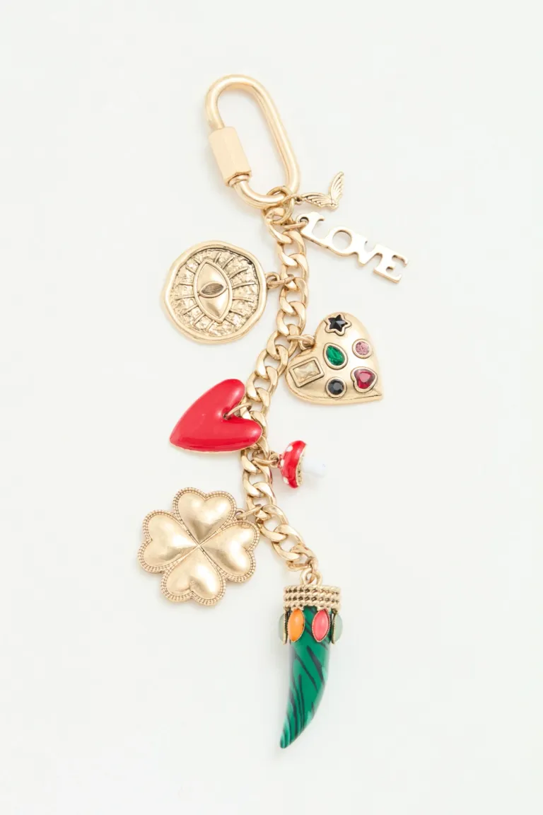 Llavero con cadena y dijes decorativos en tonos dorados y colores vibrantes de Rapsodia en Llaveros para argentina