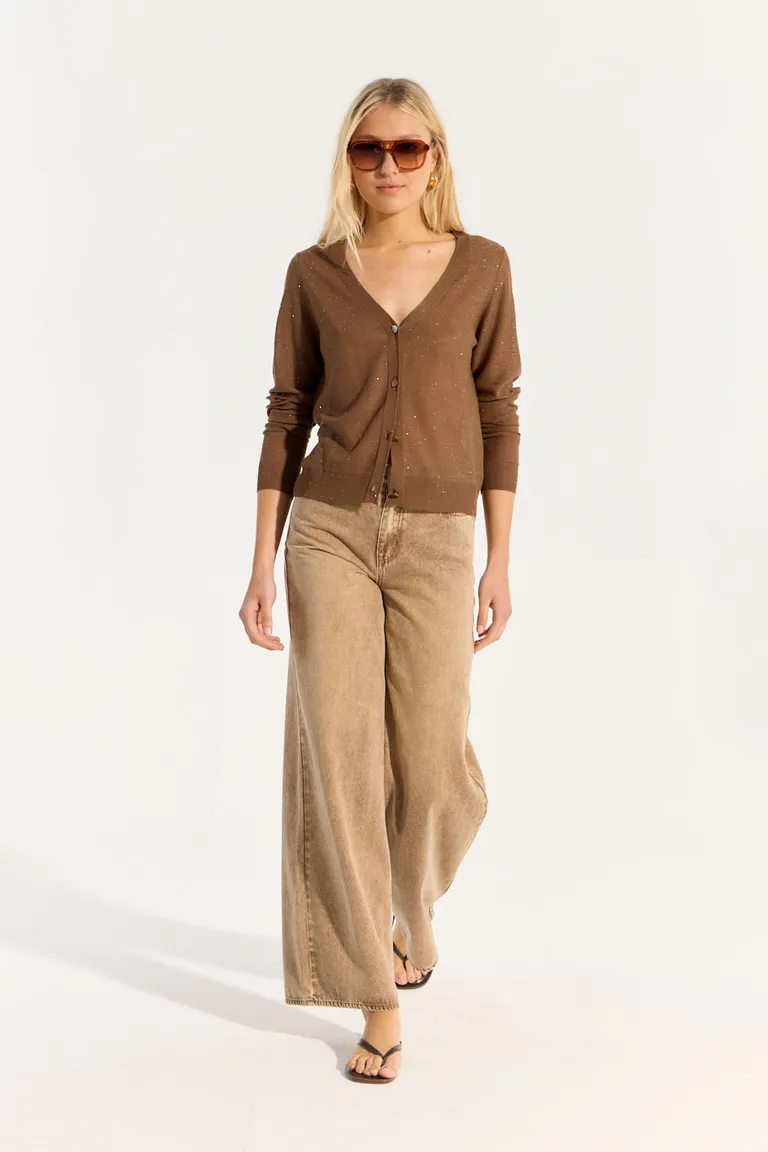 Cárdigan de Punto Marrón con Detalles Brillantes y Largo Modular de Portsaid en Buzos y Sweaters para argentina