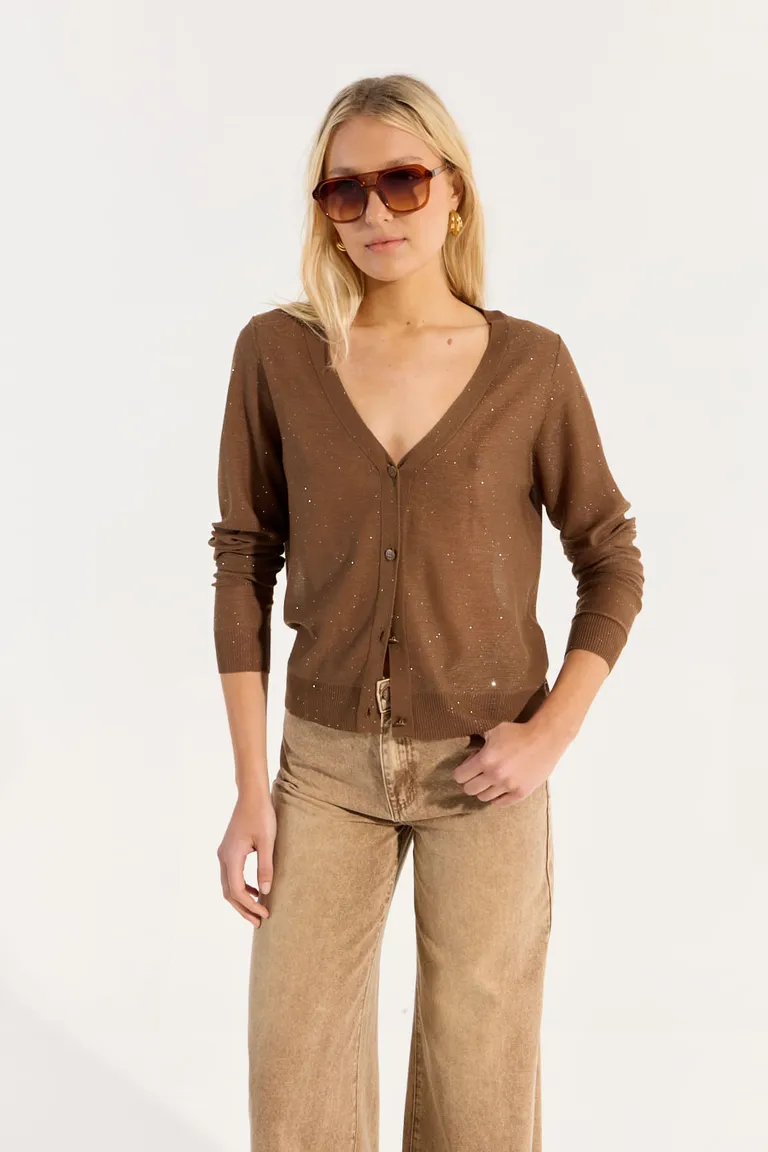 Cárdigan de Punto Marrón con Detalles Brillantes y Largo Modular de Portsaid en Buzos y Sweaters para argentina