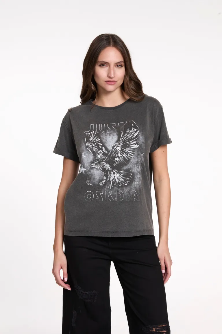 Remera de algodón estampada en gris, de corte holgado y escote redondo de Justaosadia en Remeras para argentina