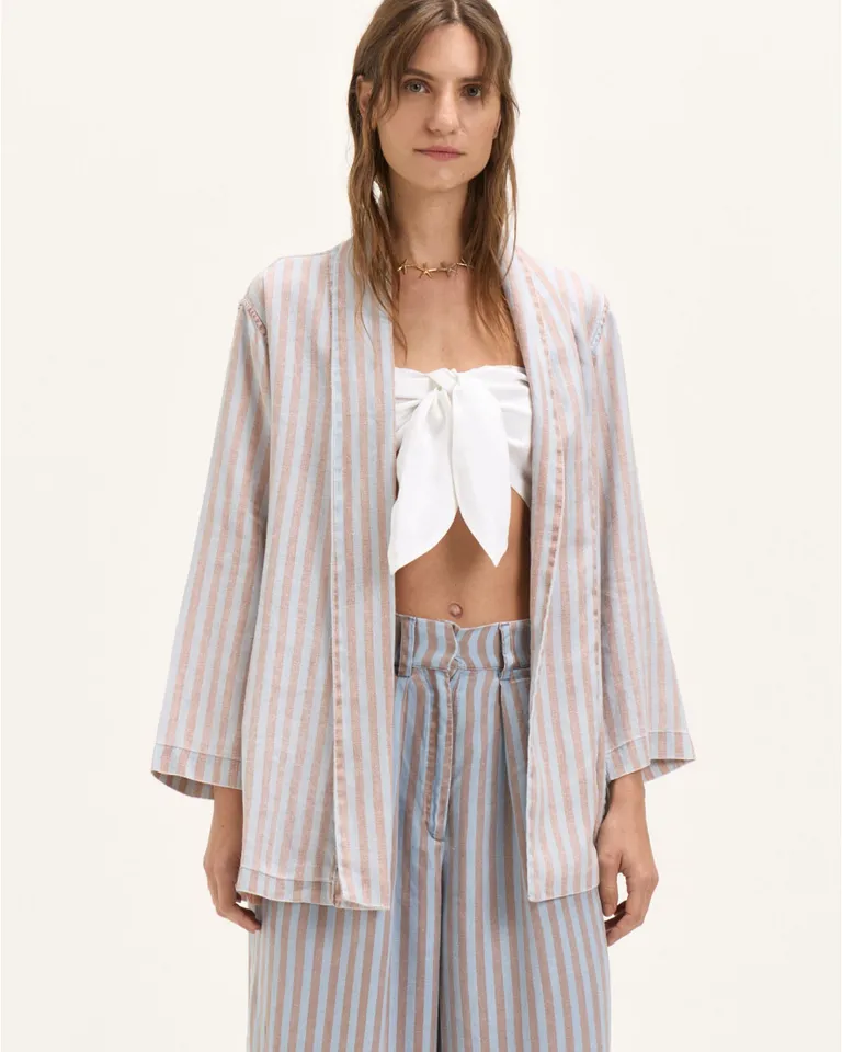 Elegante tapado de lino con diseño abierto y estampado de rayas de Blue Sheep en Tapados para argentina