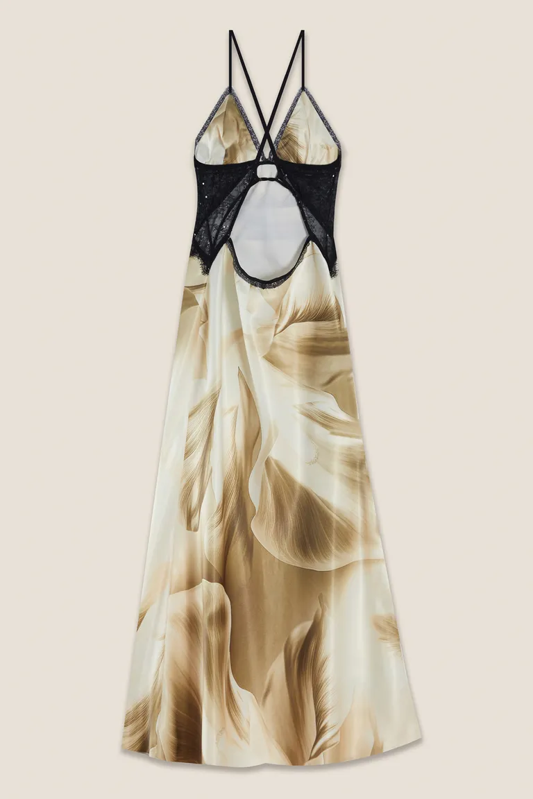 Vestido satinado con estampa exclusiva y detalles en encaje bordado de Tucci en Vestidos para argentina