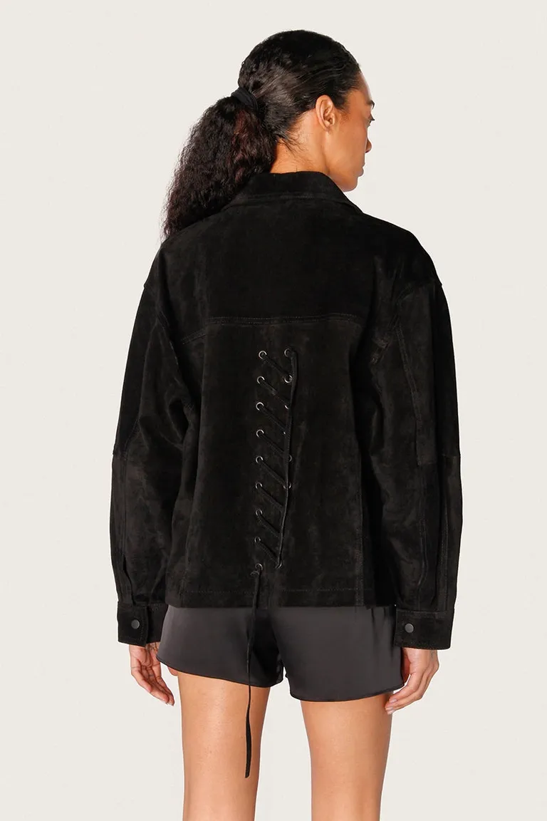 Chaqueta de gamuza negra con cierre central y detalle en espalda de Sofia Sarkany en Chaquetas para argentina