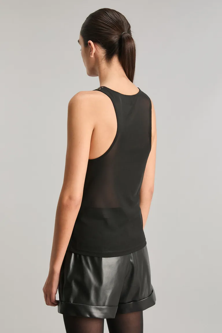 Musculosa negra de tul translúcido con detalles en hotfix de Kosiuko en Tops para argentina