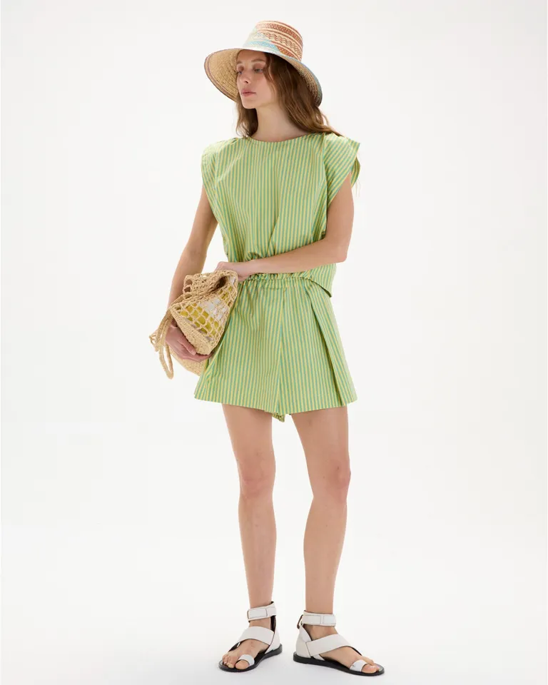 Top de rayas en verde y amarillo con mangas caídas y efecto globo en la parte inferior de Blue Sheep en Tops para argentina