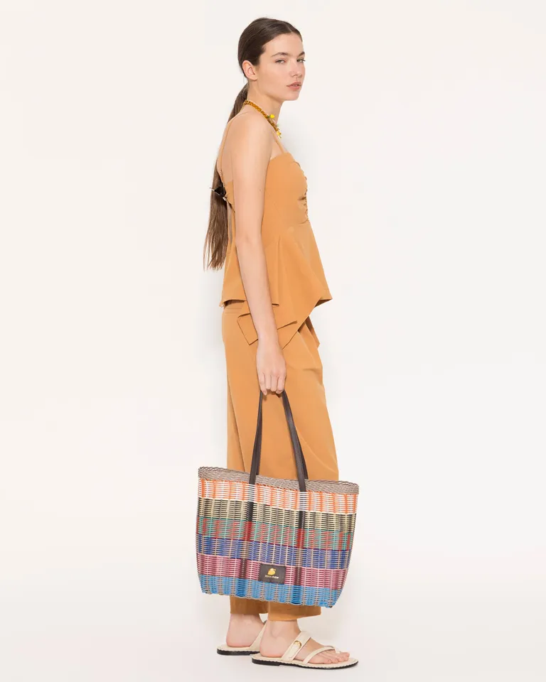 Top dennis strapless naranja con frunce en el delantero y faldón en forma de quilla de Jazmin Chebar en Tops para argentina