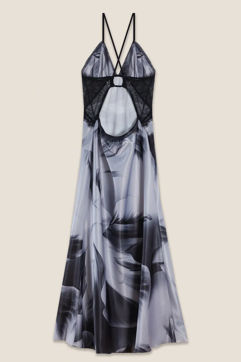 Vestido satinado con estampa exclusiva y detalles de encaje bordado de Tucci en Vestidos para argentina