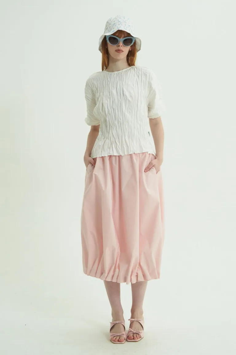 Falda midi rosa con silueta balloon y bordado en la cintura de Las Pepas en Faldas para argentina