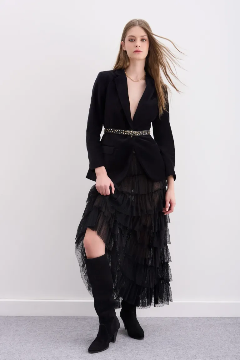 Bota de caña alta en gamuzón negro con taco cónico de 8 cm y forro de cuero de Rapsodia en Botas y Botinetas para argentina