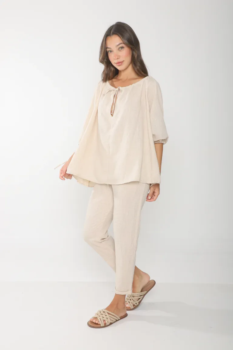 Pantalón de lino elástico con bolsillos laterales para mujer de Belle en Pantalones para argentina