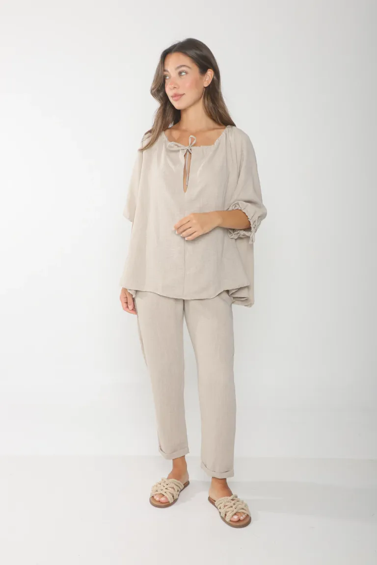 Pantalón de lino elástico con bolsillos laterales para mujer de Belle en Pantalones para argentina