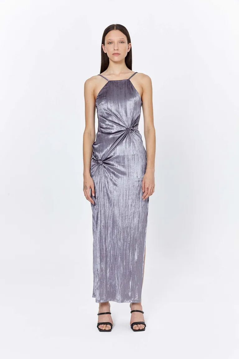 Vestido de velvet gris con tajo lateral y diseño modular de Naíma en Vestidos para argentina