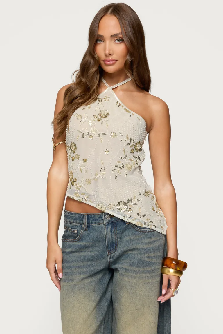 Top halter asimétrico lentejuelas cuentas de Edikted en Tops para argentina