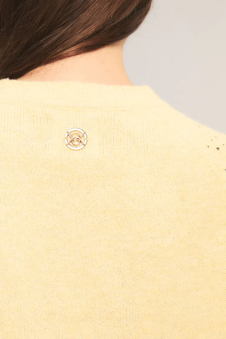 Sweater femenino de calce regular con escote redondo, mangas raglán y detalles de cristales decorativos de Kosiuko en Buzos y Sweaters para argentina