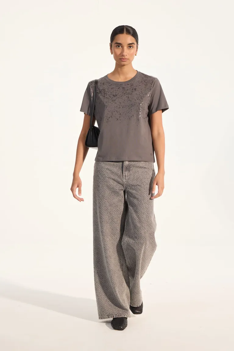 Remera de diseño con efecto glitter y manga corta para mujer de Portsaid en Remeras para argentina