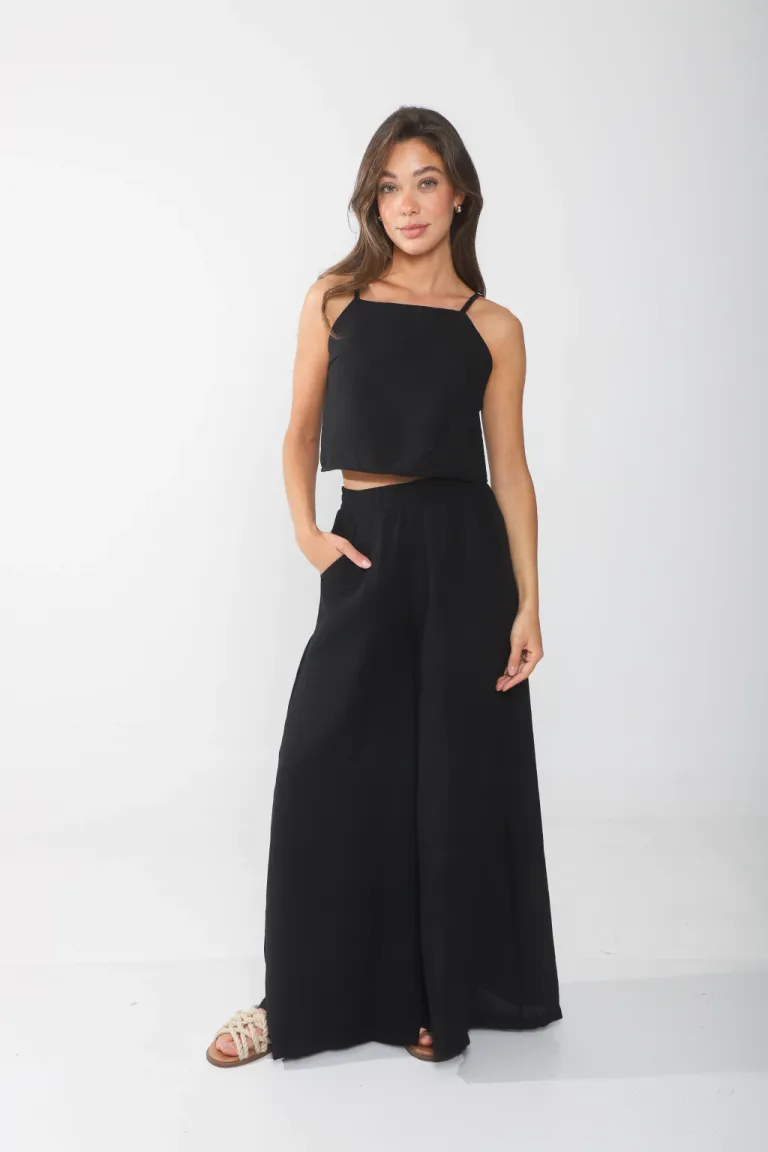 Pantalón amplio y cómodo de lino en color negro, perfecto para looks casuales y elegantes de Belle en Pantalones para argentina