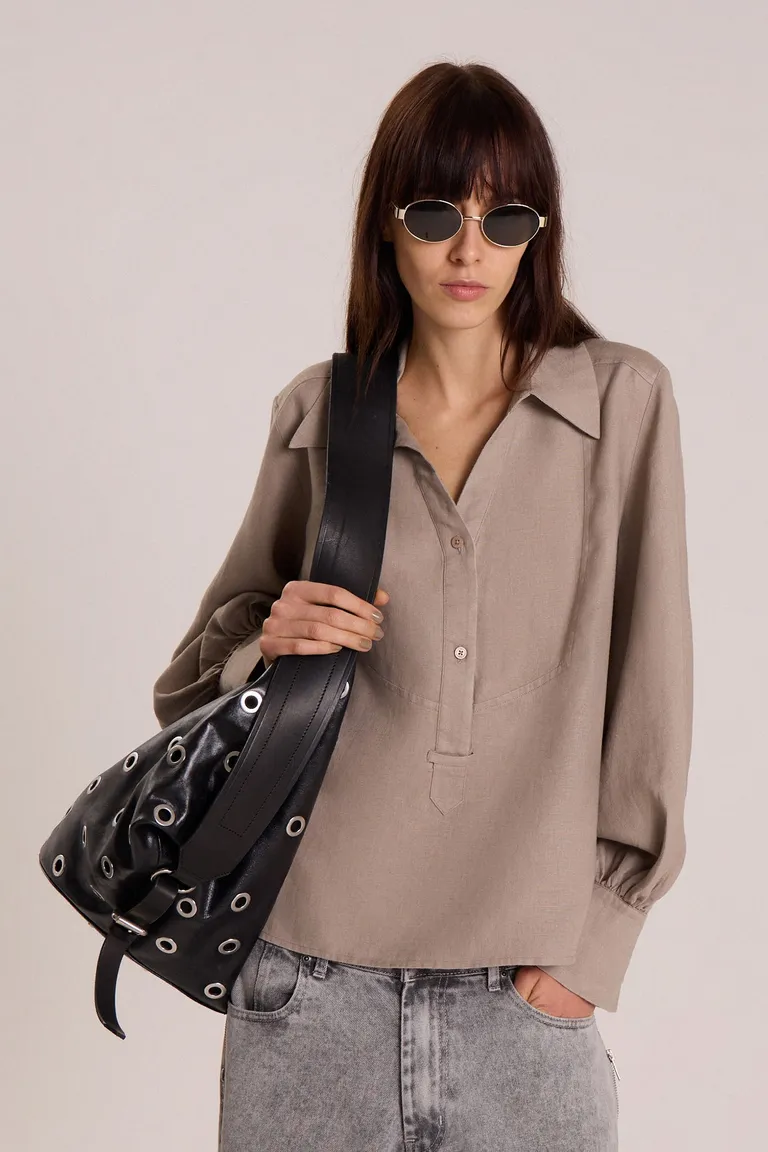 Camisa de lino gris con mangas tipo balloon y corte holgado para mujer de Maria Cher en Camisas para argentina