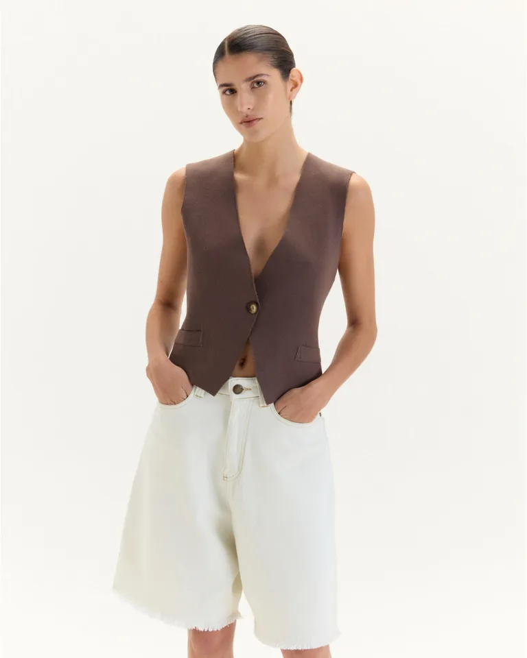 Chaleco corto de punto calado en tono marrón para mujer de Blue Sheep en Chalecos para argentina