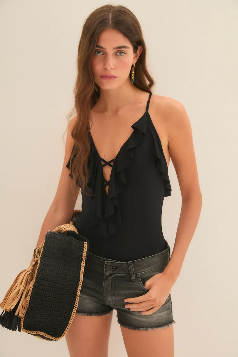 Traje de baño entero de microfibra con escote en V y detalles de volantes de Rapsodia en Swimwear y Beachwear para argentina