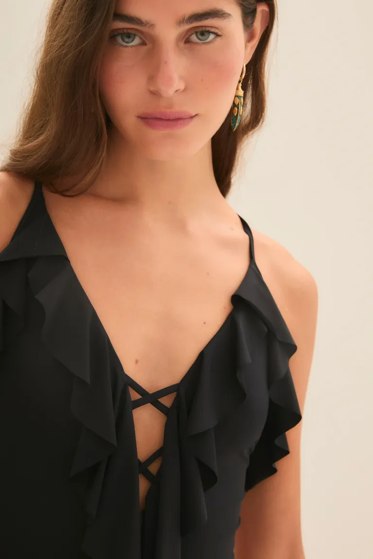 Traje de baño entero de microfibra con escote en V y detalles de volantes de Rapsodia en Swimwear y Beachwear para argentina
