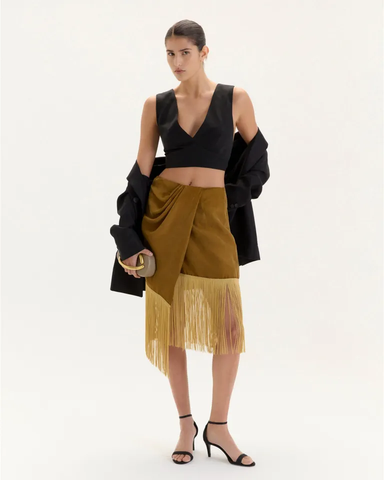 Falda rachel con diseño drapeado y flecos, confeccionada en cupro de Blue Sheep en Faldas para argentina